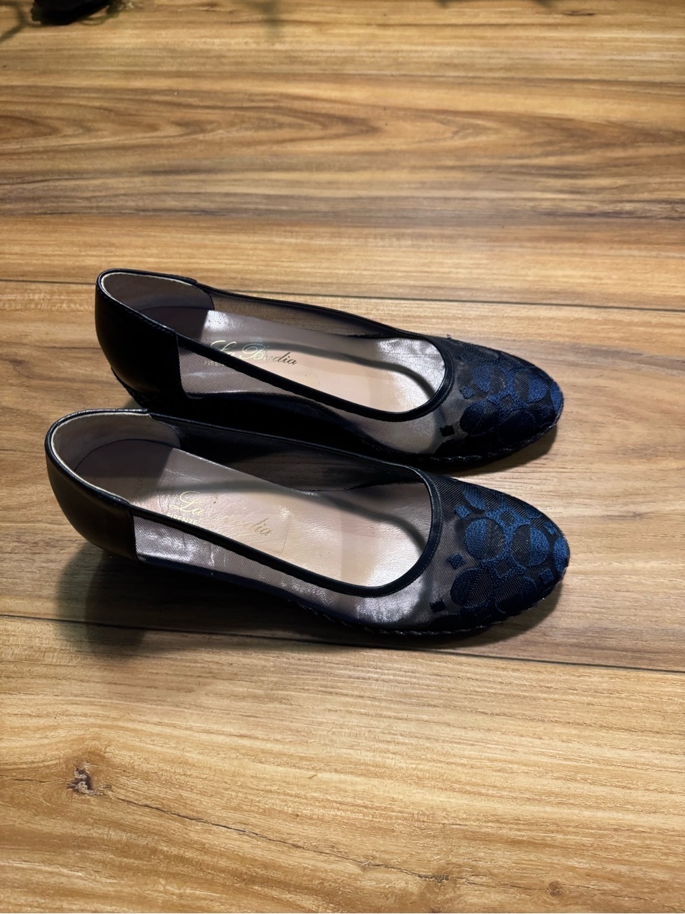 La Badia Blue Sheer Mesh Lace Accent Low Wedges Made in Italy